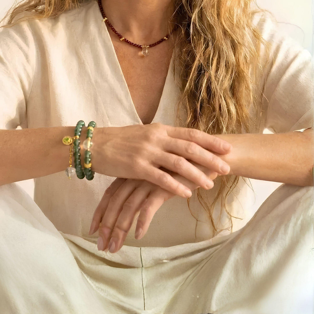 Moss agate double wrap mala bracelet shown with the garnet and citrine glass necklace — meaningful jewellery gifts under $100