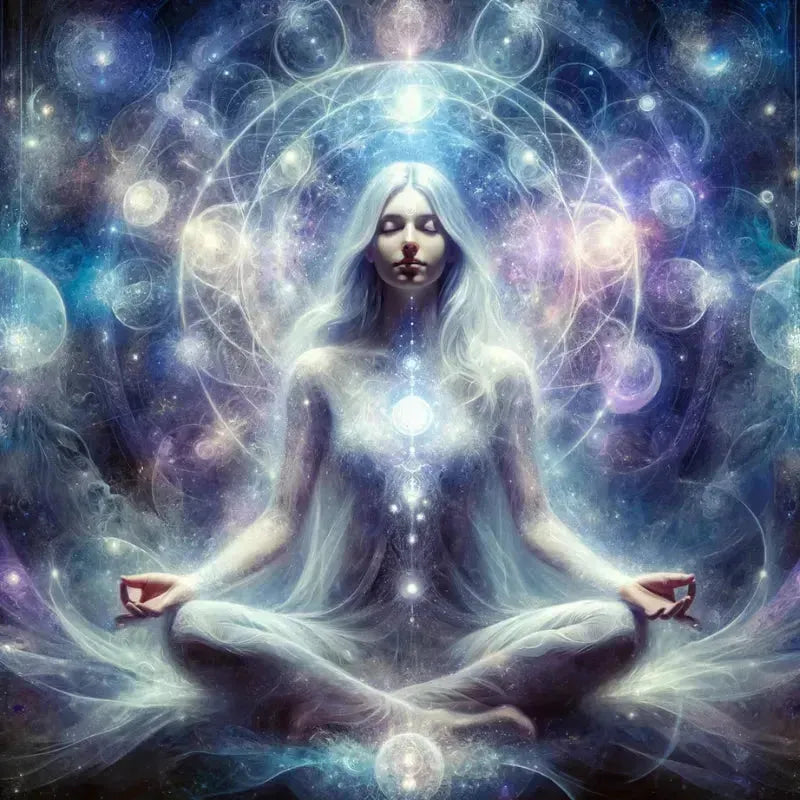 woman meditating with glowing lights around her