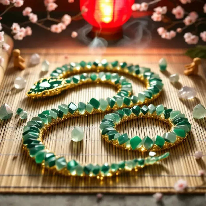 Crystals arranged in a snake spiral for the Year of the Wood Snake