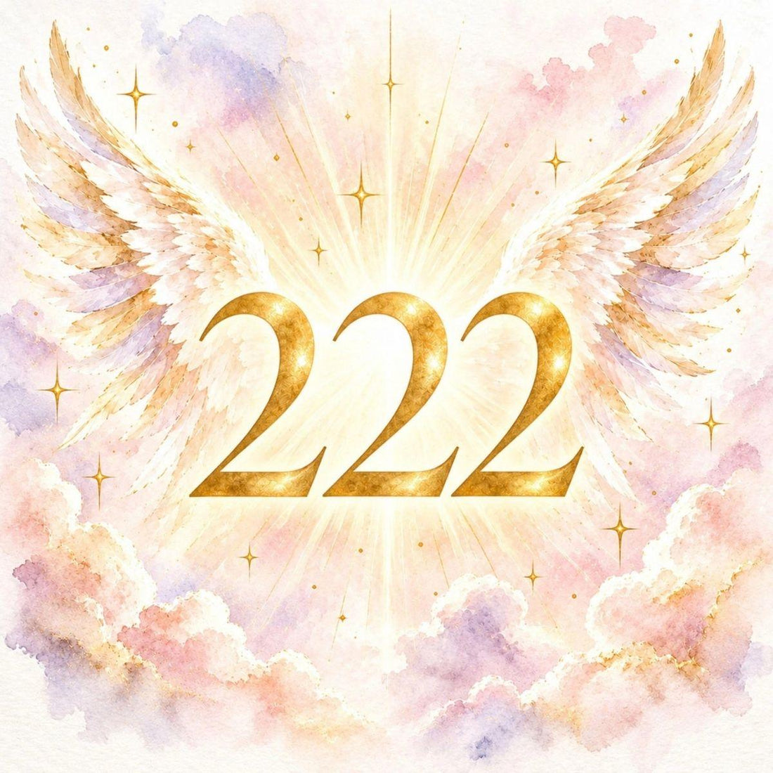222 angel number in gold with watercolour angel wings on a blush rose and lavender wash — 222 meaning guide