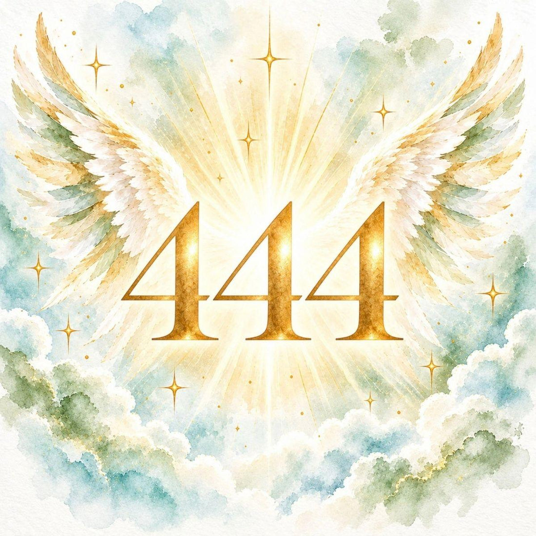 444 angel number in gold with watercolour angel wings on a sage and aqua wash — 444 meaning guide
