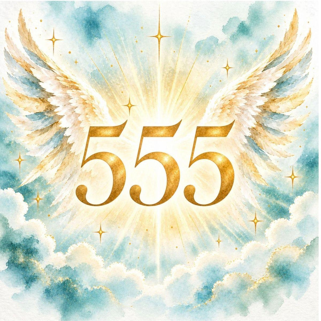 555 angel number in gold with watercolour angel wings — cover for the 555 angel number meaning guide