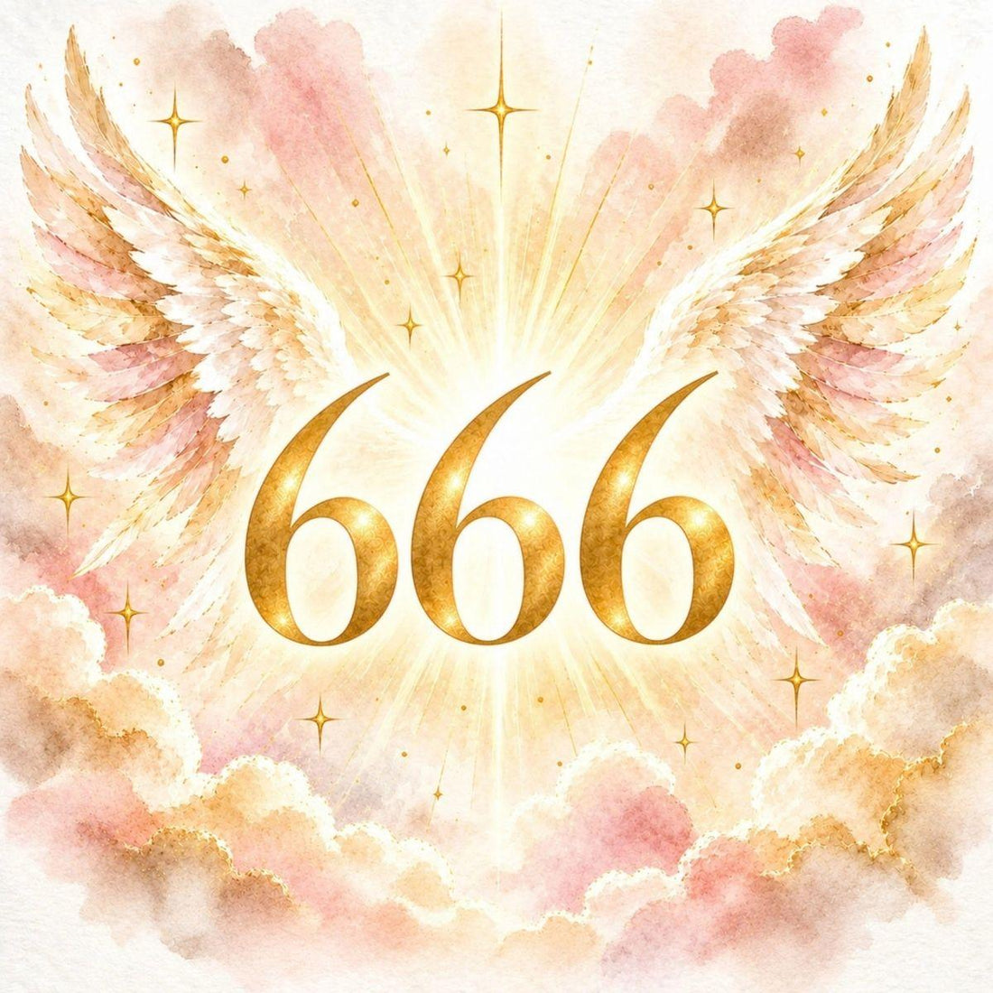 666 angel number in gold with watercolour angel wings on a rose gold and sand wash — 666 meaning guide