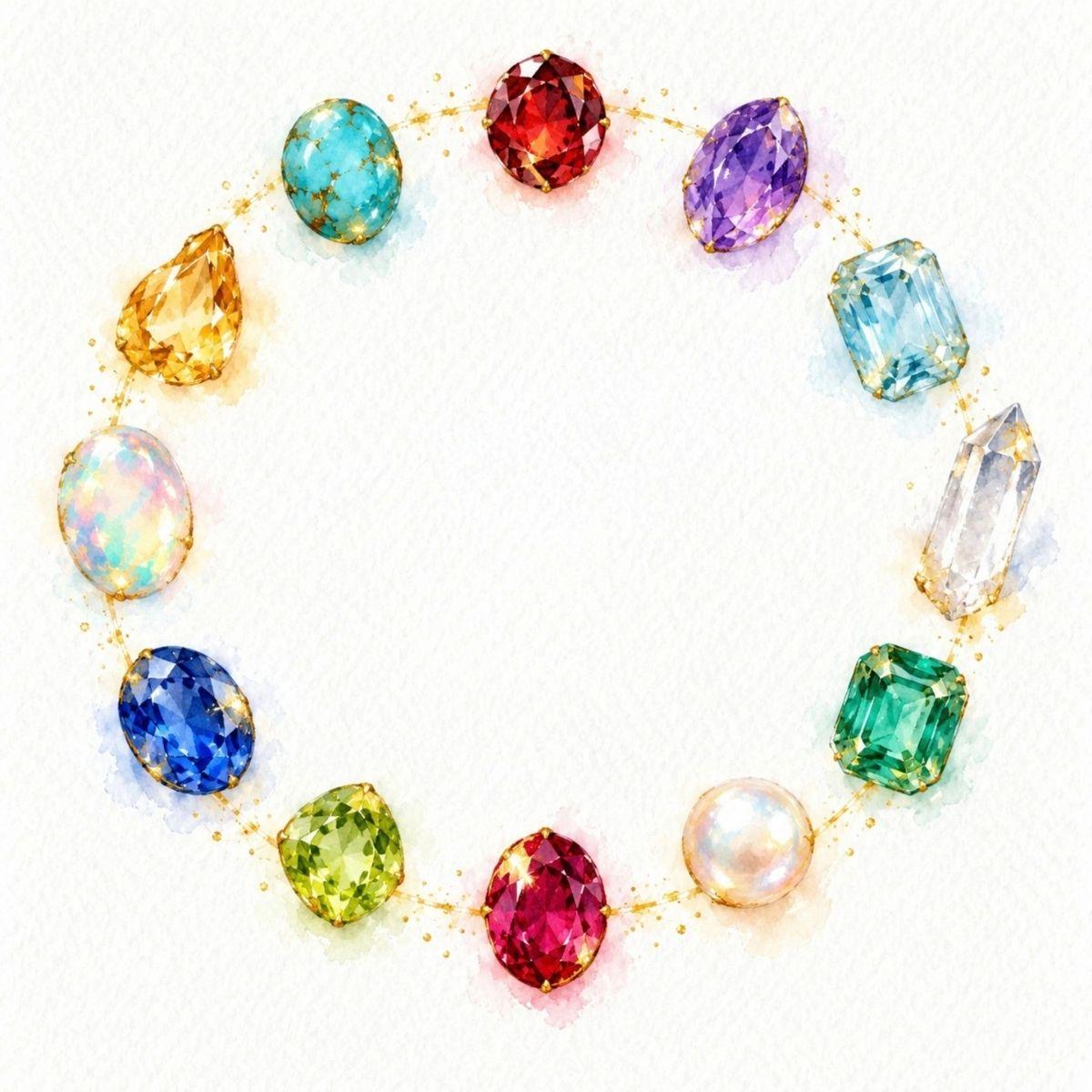 Watercolour circle of all twelve birthstones, January garnet through December turquoise
