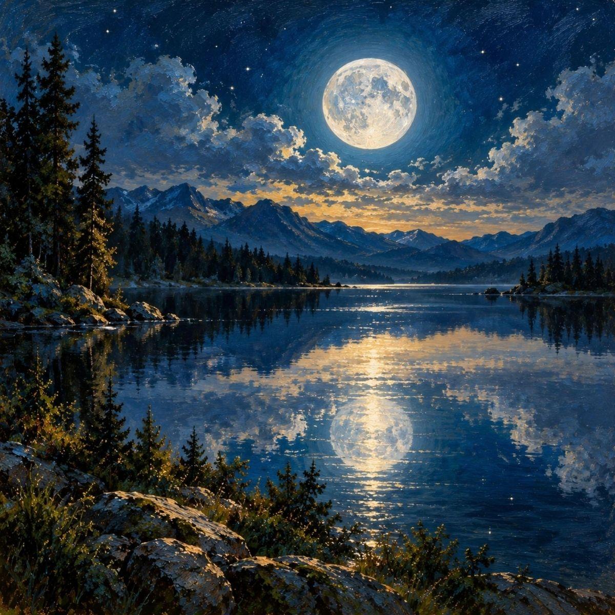 Blue Moon — oil painting of a silver-blue full moon reflected in a still mountain lake