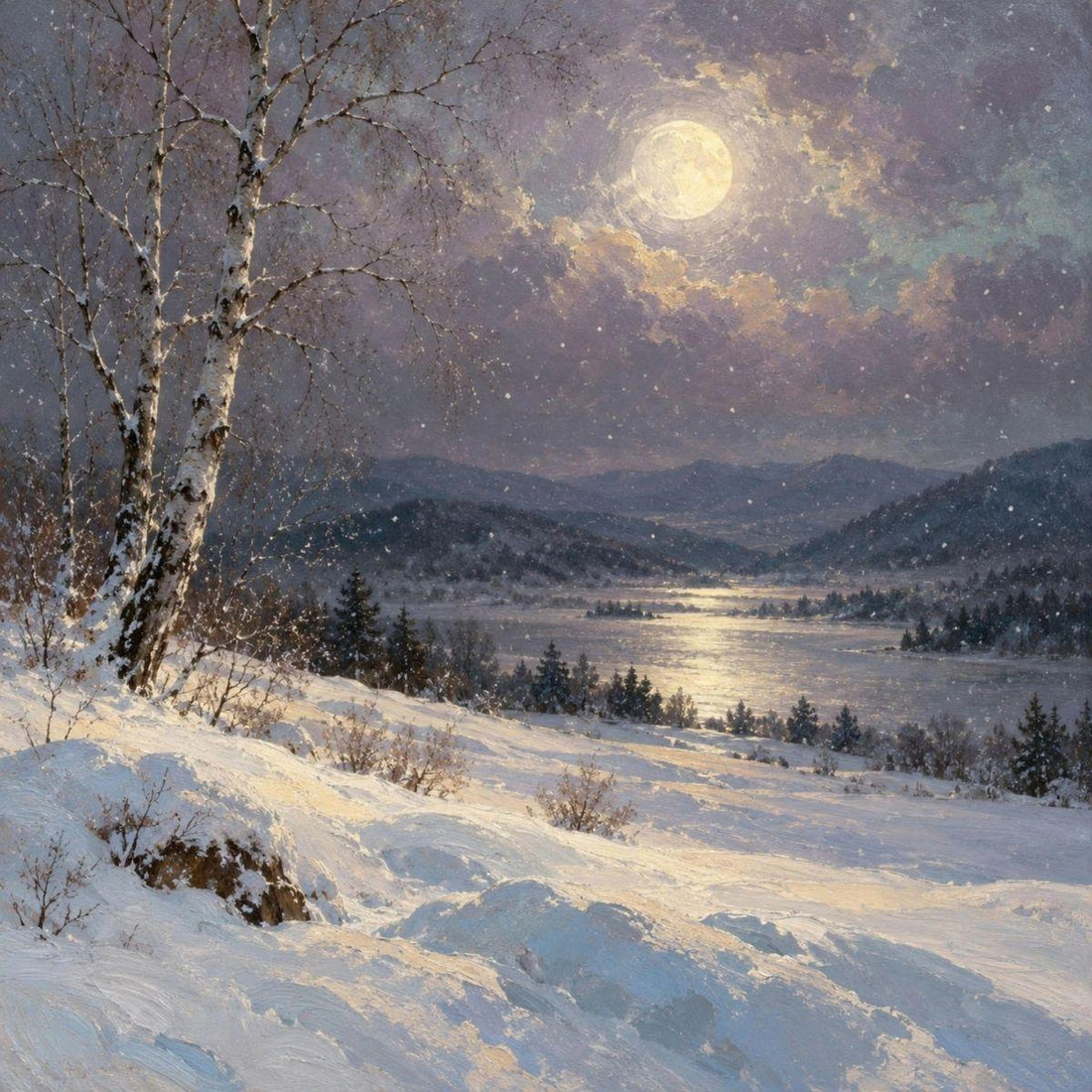Cold Moon — oil painting of a bright full moon over a snowy winter forest