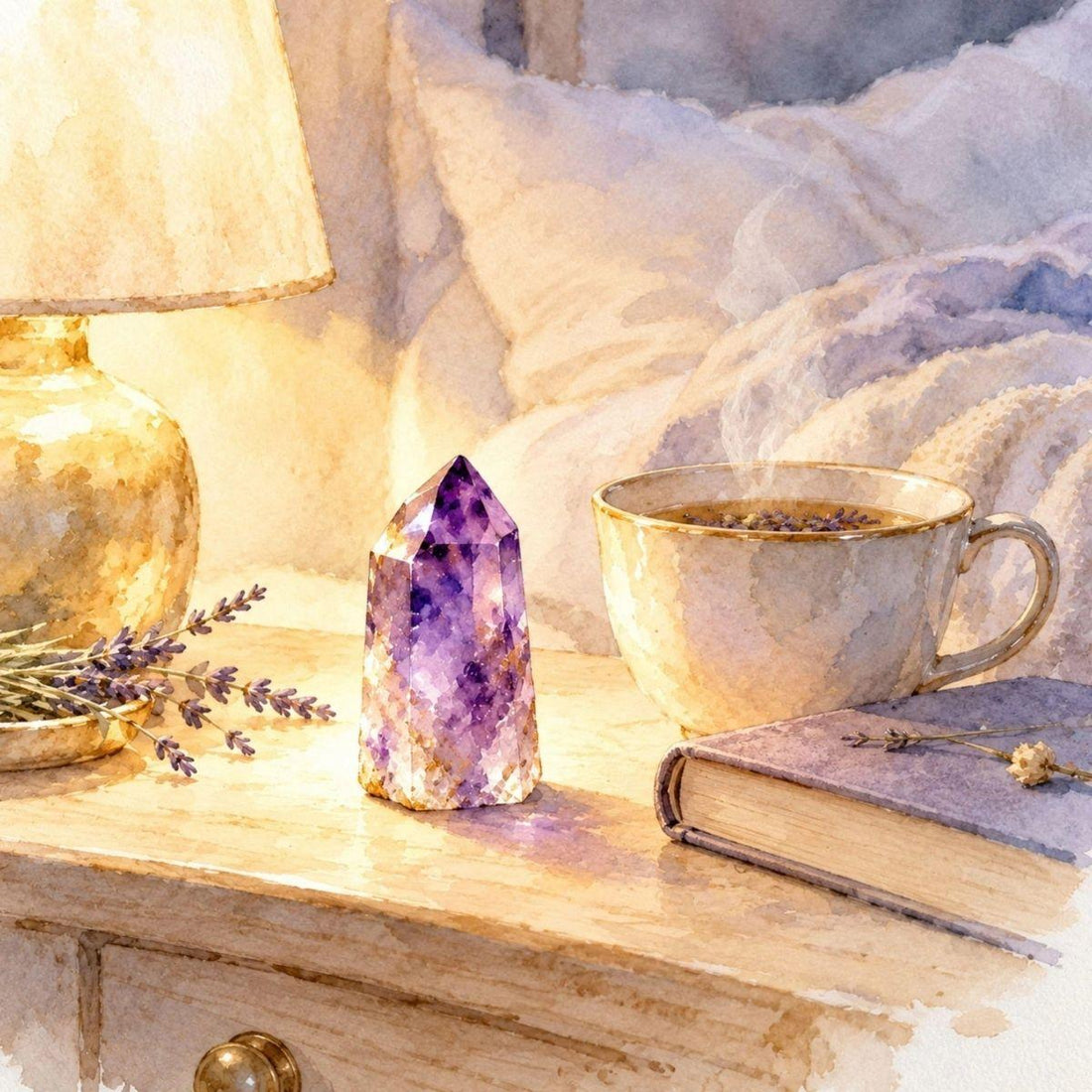 Watercolour of an amethyst point glowing violet in soft evening light — a calm practice you can carry