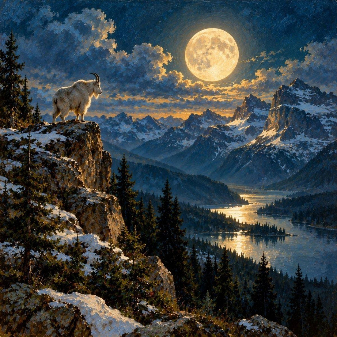 Full moon in Capricorn — oil painting of a mountain goat on a crag under a bright full moon