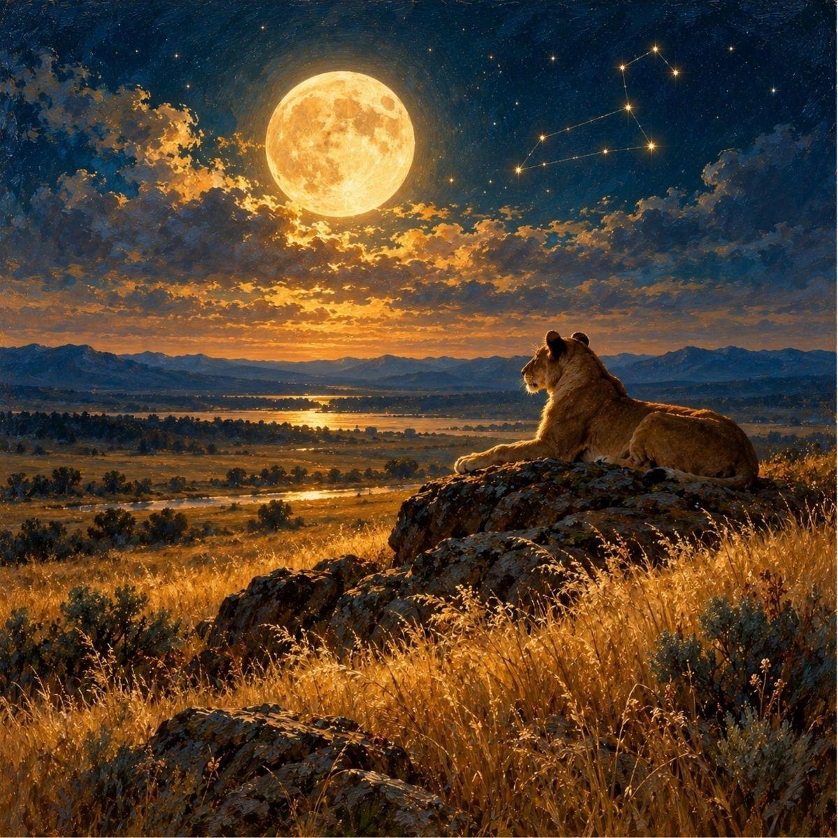 Full moon in Leo — oil painting of a golden moon and the Leo constellation over grassland with a lioness