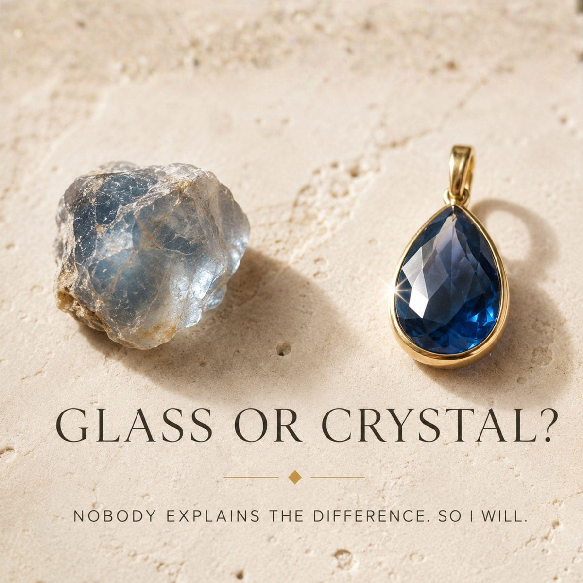 Raw natural gemstone beside a faceted blue glass drop on travertine — the difference between crystal and glass jewelry