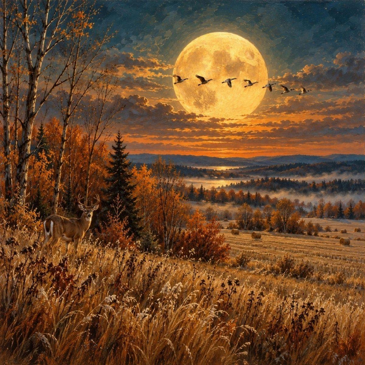 Hunter's Moon — oil painting of an amber full moon over autumn fields with geese in flight