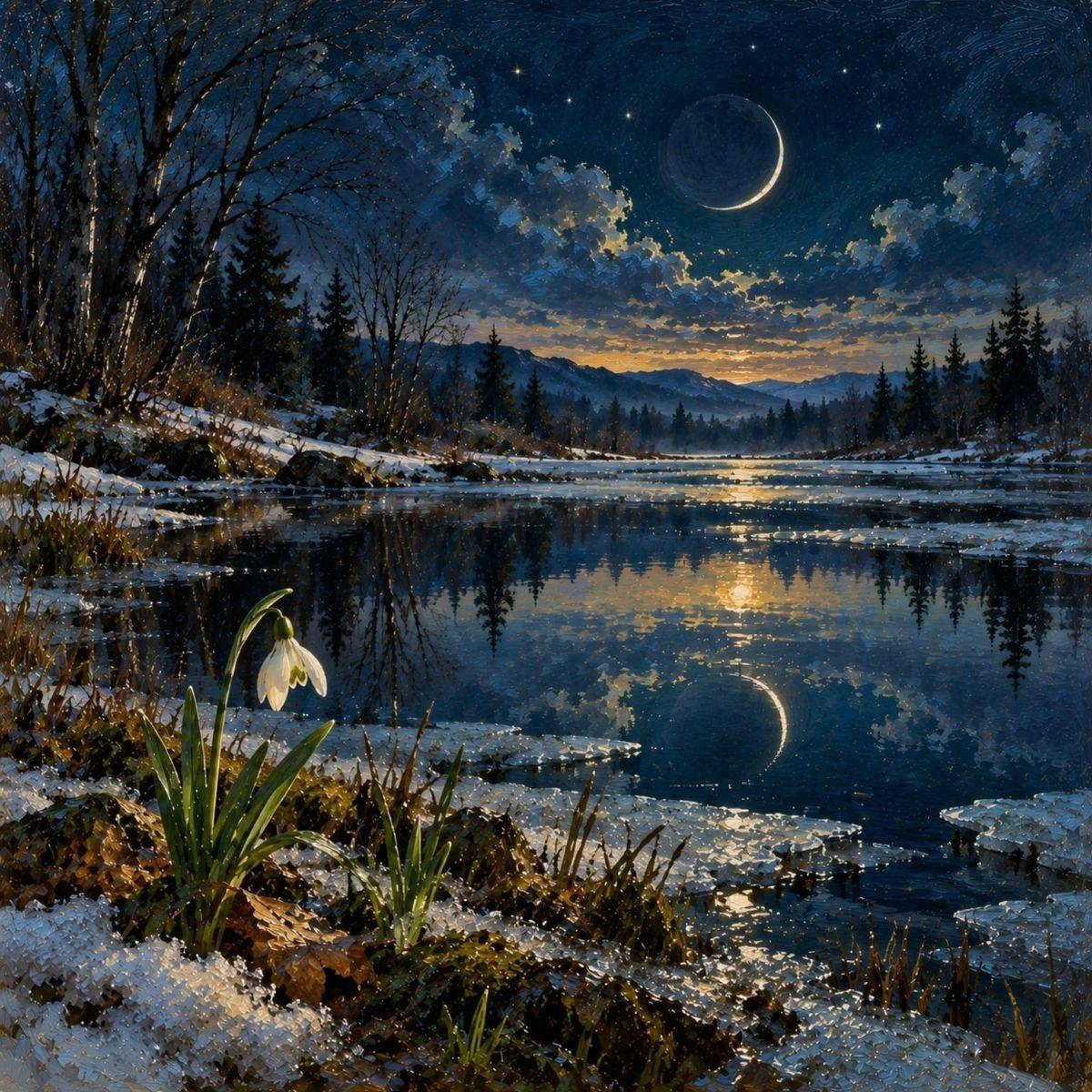 March new moon — oil painting of a dark crescent moon over a thawing pond with a snowdrop