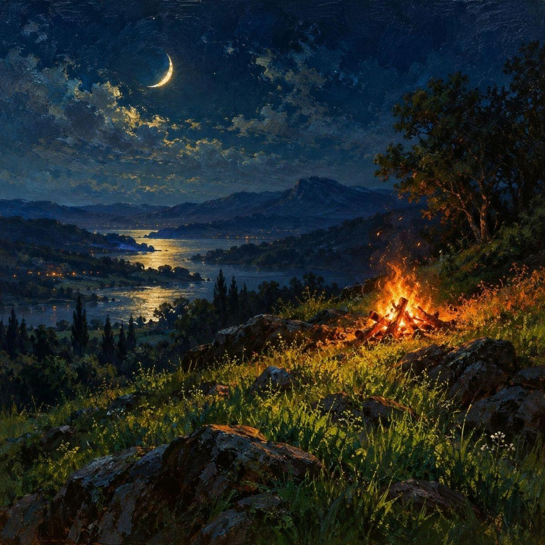 Aries new moon — oil painting of a crescent moon above a small campfire on a spring hillside