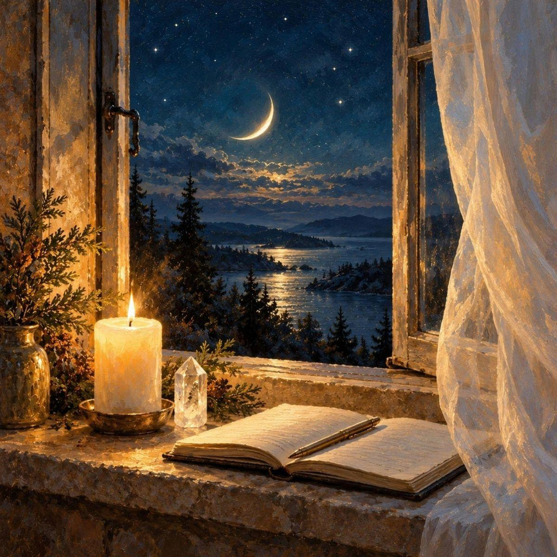 New moon ritual — oil painting of a crescent moon above a lit candle in a window