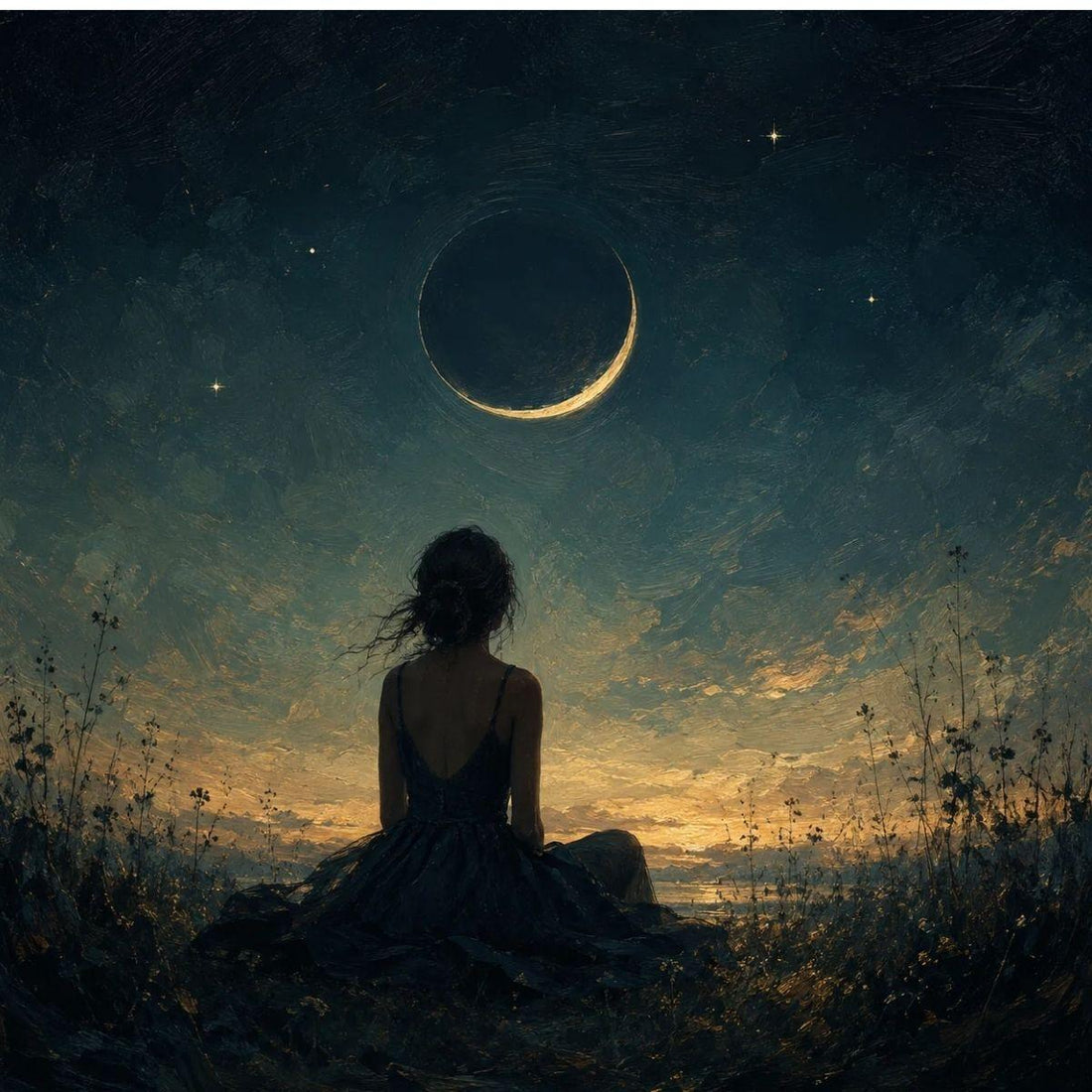 Moss agate, amazonite and smoky quartz under a gold crescent moon — new moon in Virgo crystals