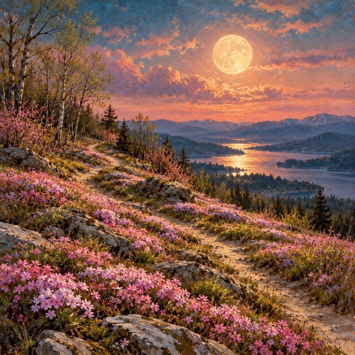 Pink Moon — oil painting of a full moon over a hillside of pink flowers