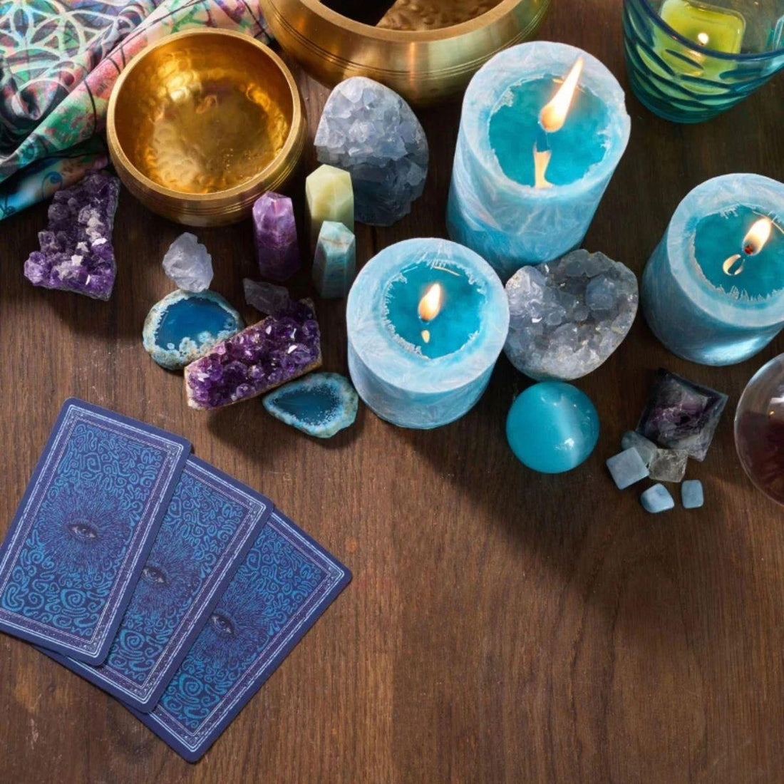 Spring equinox ritual altar with crystals, candles and jewelry for seasonal renewal