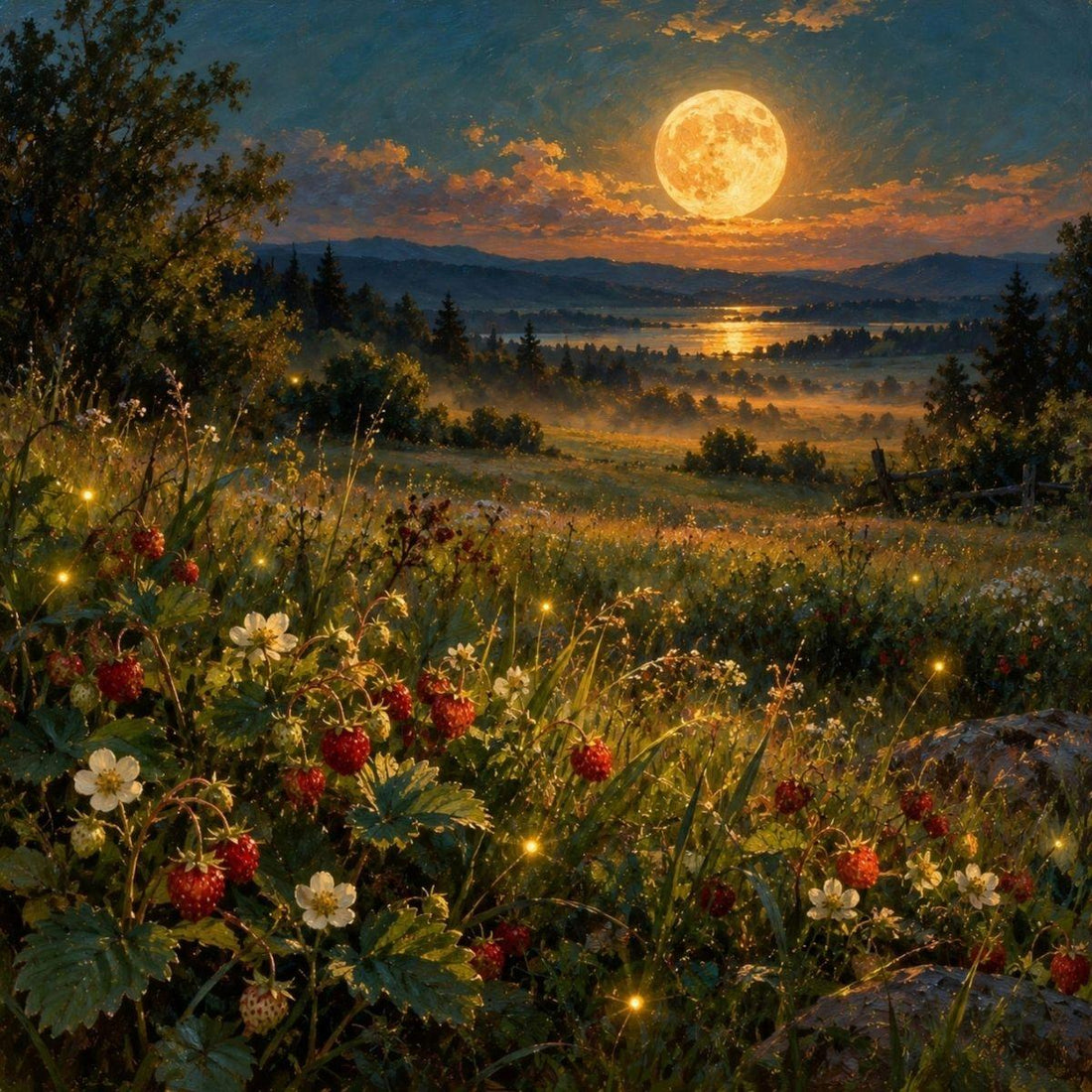 Strawberry Moon — oil painting of a honey-gold moon over wild strawberries and fireflies