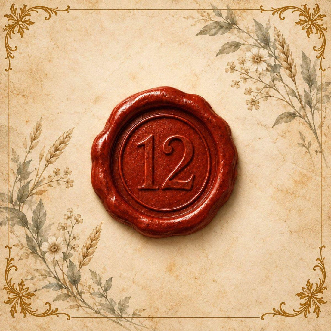 Red wax seal stamped with 12 on aged parchment with gold filigree — twelve spiritual symbols and what each means