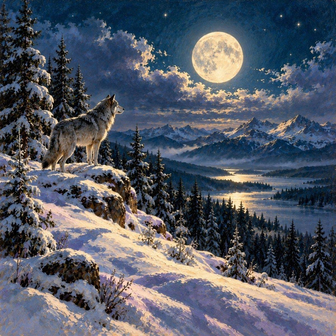 Wolf Moon — oil painting of a full moon over a snowy ridge in deep January blue