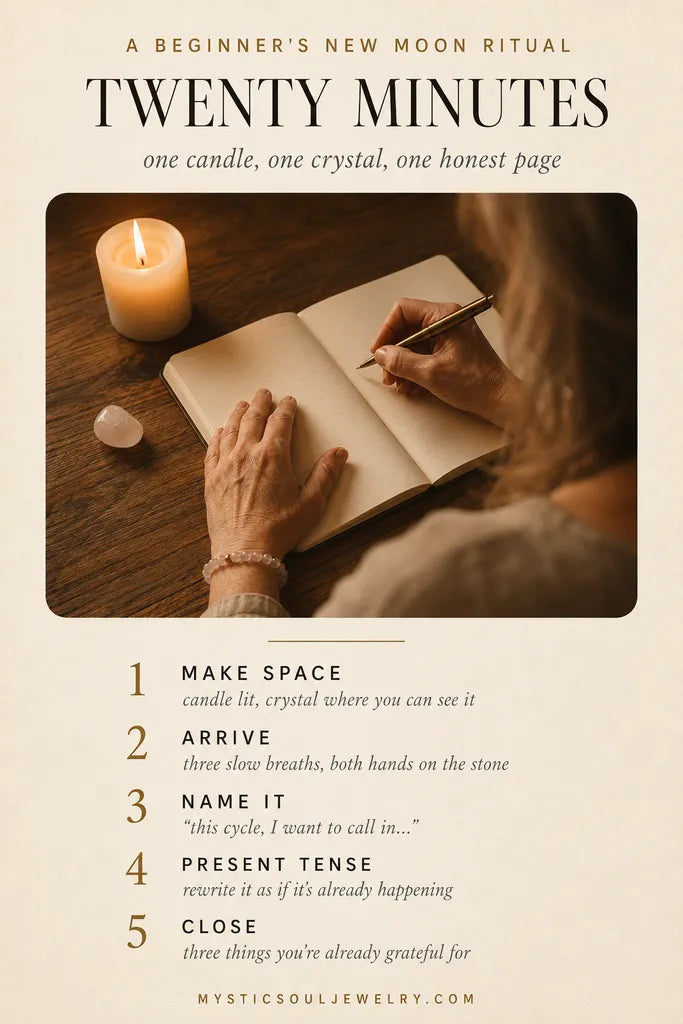 A beginner's new moon ritual in five steps — make space, arrive, name it, present tense, close with gratitude