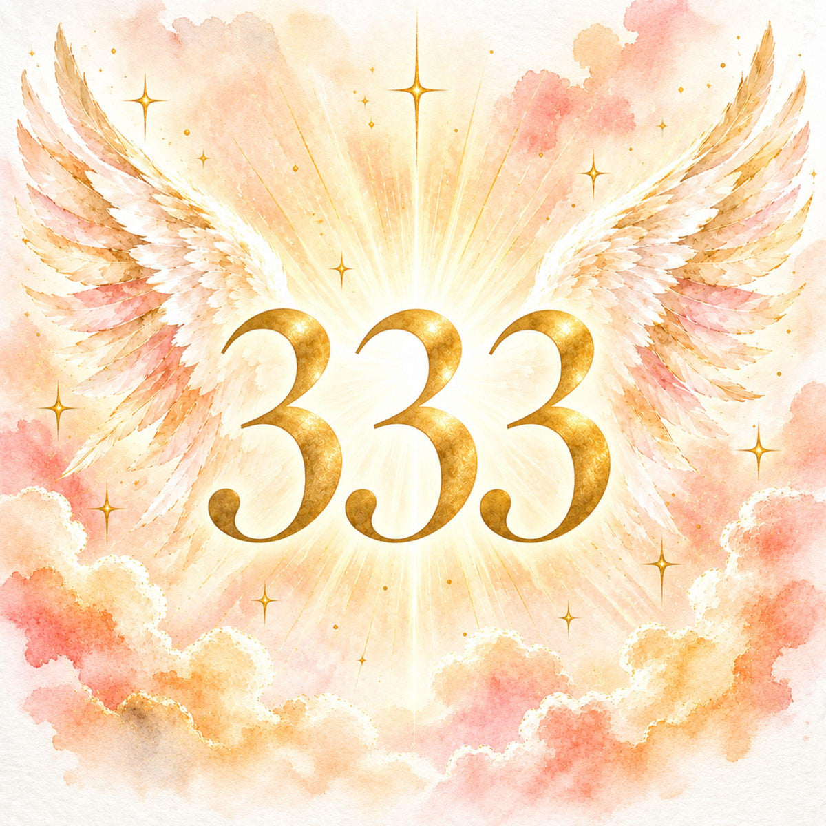 333 angel number in gold with watercolour angel wings on a warm apricot and coral wash, cover for the 333 angel number meaning guide