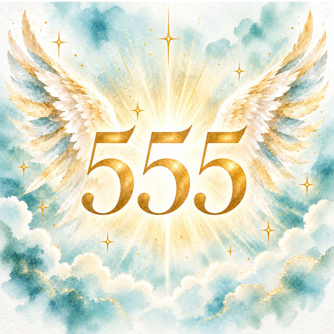 555 angel number in gold with watercolour angel wings on a soft teal and aqua wash, cover for the 555 angel number meaning guide