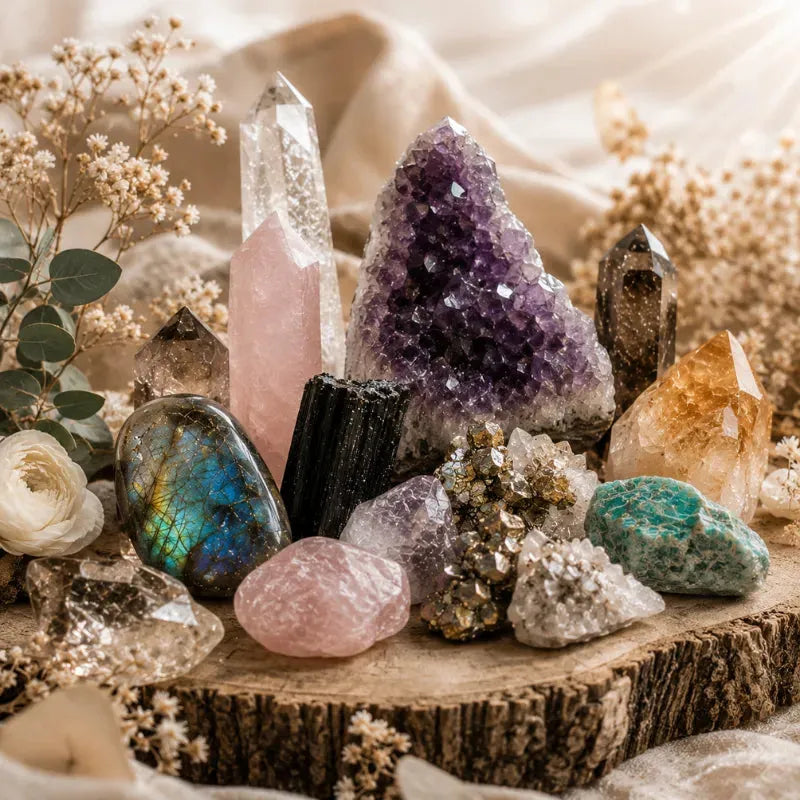 An assortment of gemstone jewelry pieces laid out for a complete crystal guide