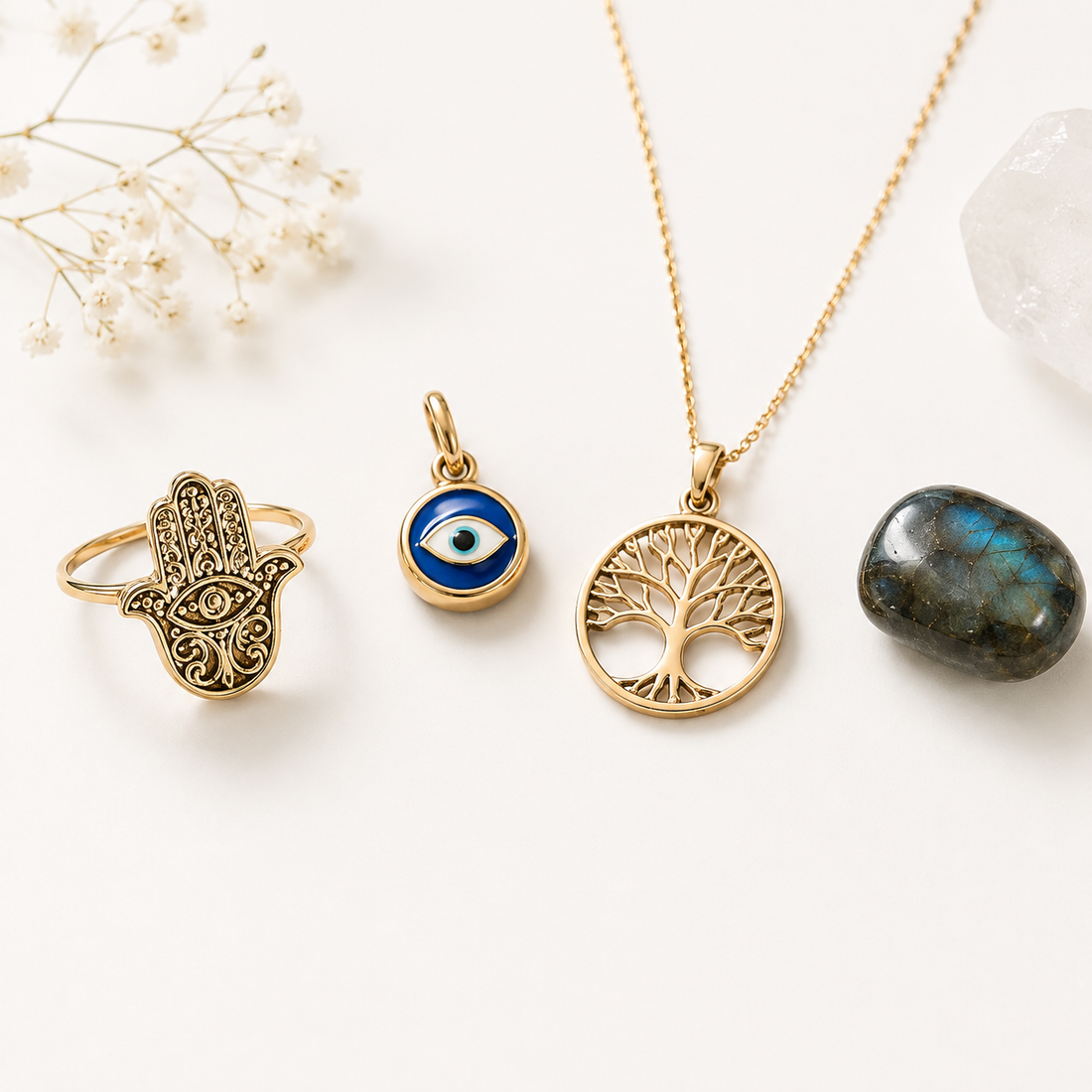 Hamsa, evil eye and tree of life symbolic jewellery — gift by symbol, not by price