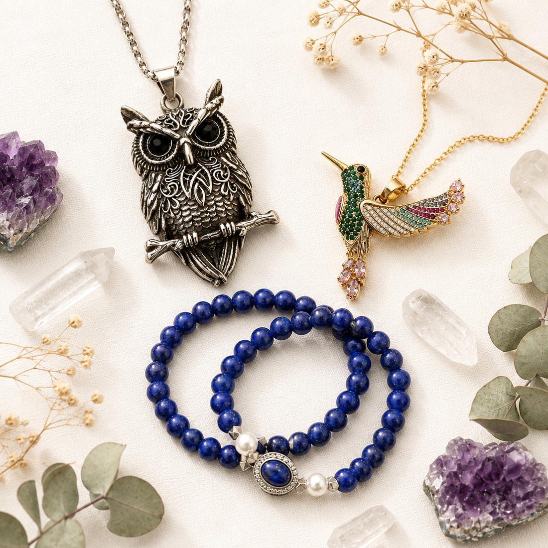 Meaningful jewellery gifts for someone having a hard year — owl, hummingbird and lapis lazuli pieces on soft linen