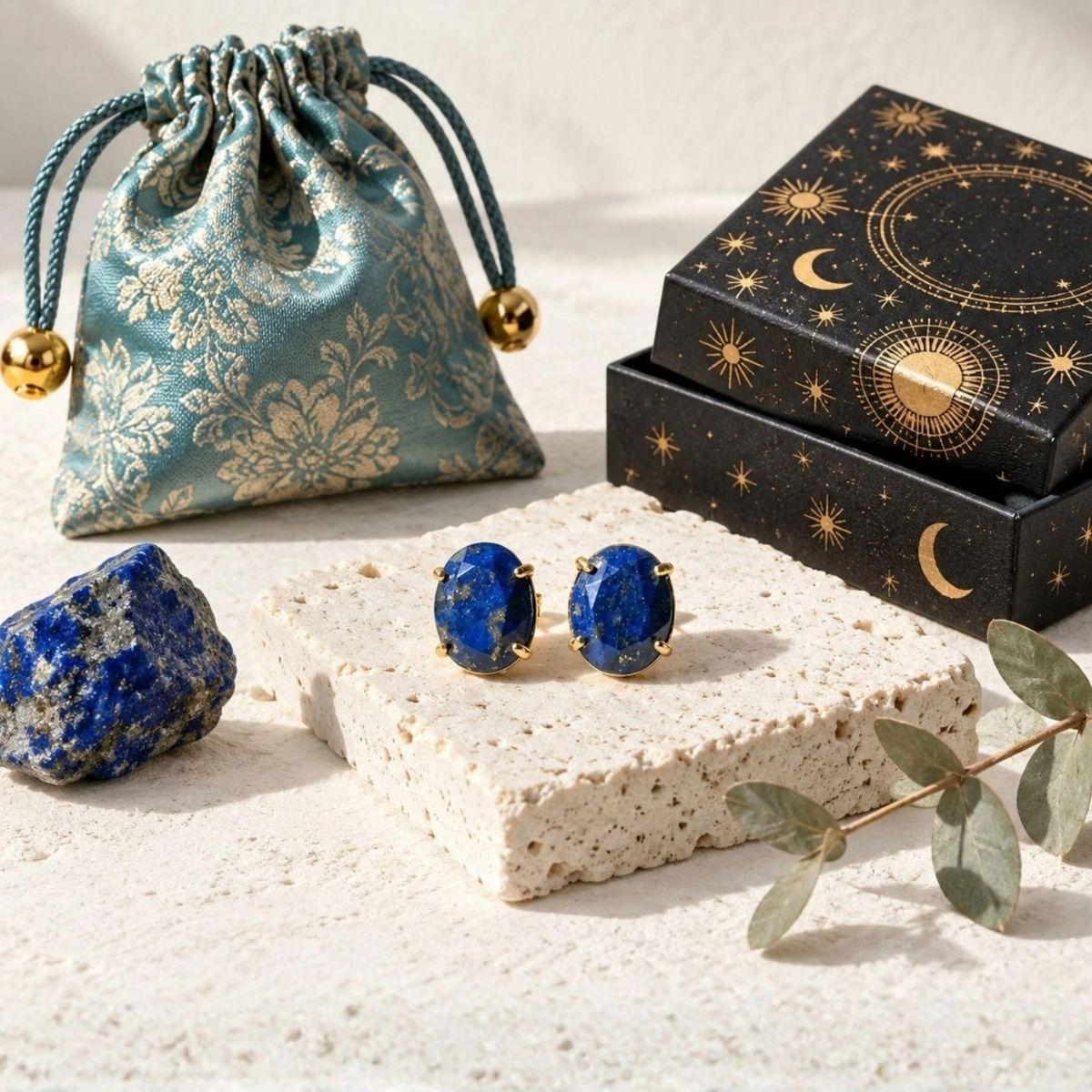 Lapis lazuli jewelry with the Mystic Soul gift bag and celestial box — gifts for someone who loves crystals