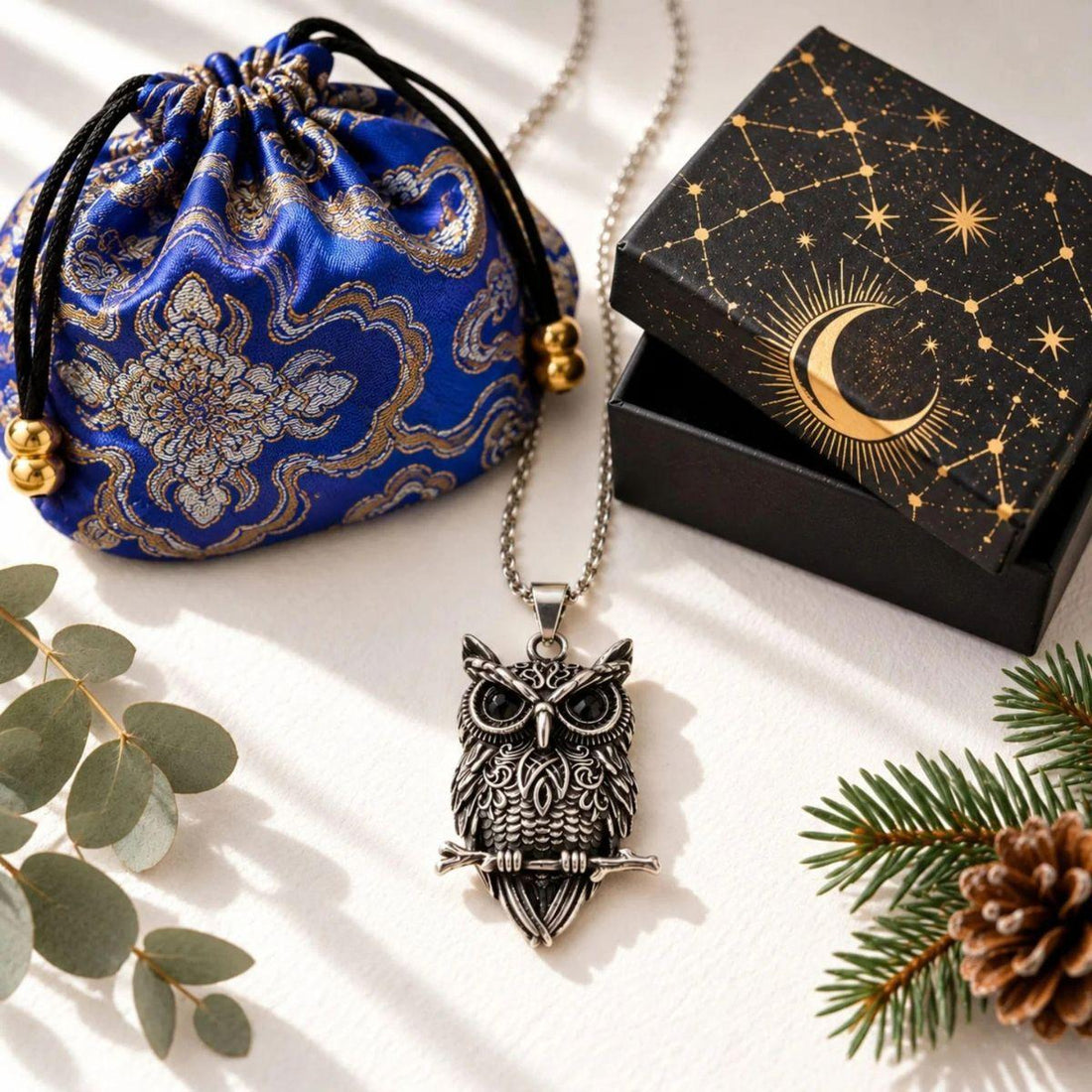 Sentinel owl pendant with the Mystic Soul gift bag and celestial box — meaningful gifts under $100