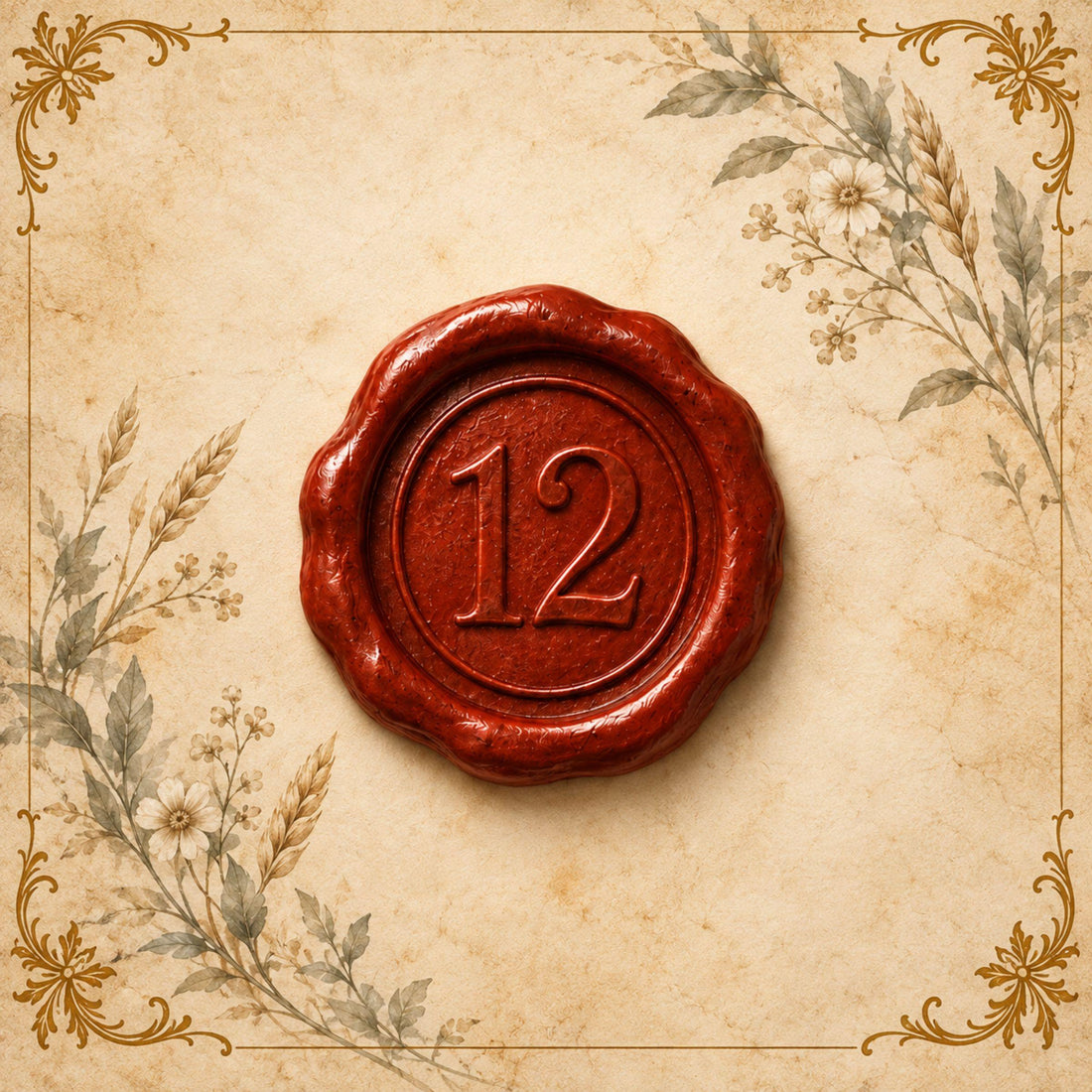 Red wax seal stamped with the number 12 on aged parchment with gold filigree and watercolour botanicals — twelve spiritual symbols guide