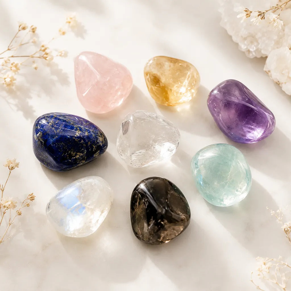Crystal color meaning guide — purple, pink, orange, blue, yellow, green, clear and black gemstone jewelry by Mystic Soul Jewelry