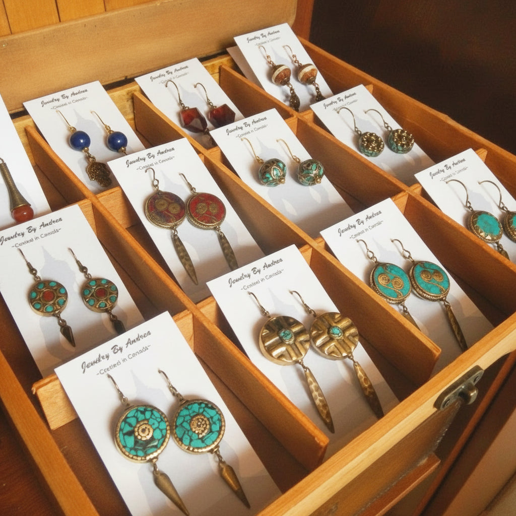 Handmade Nepali brass earrings with turquoise, coral and lapis inlay on Jewelry by Andrea cards, displayed in a wooden tray — the earliest work behind Mystic Soul Jewelry
