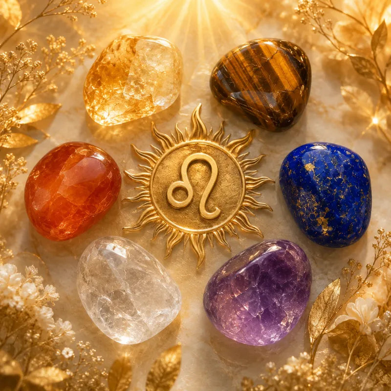 Leo season crystals — citrine, tiger's eye, lapis lazuli, carnelian, clear quartz, and amethyst