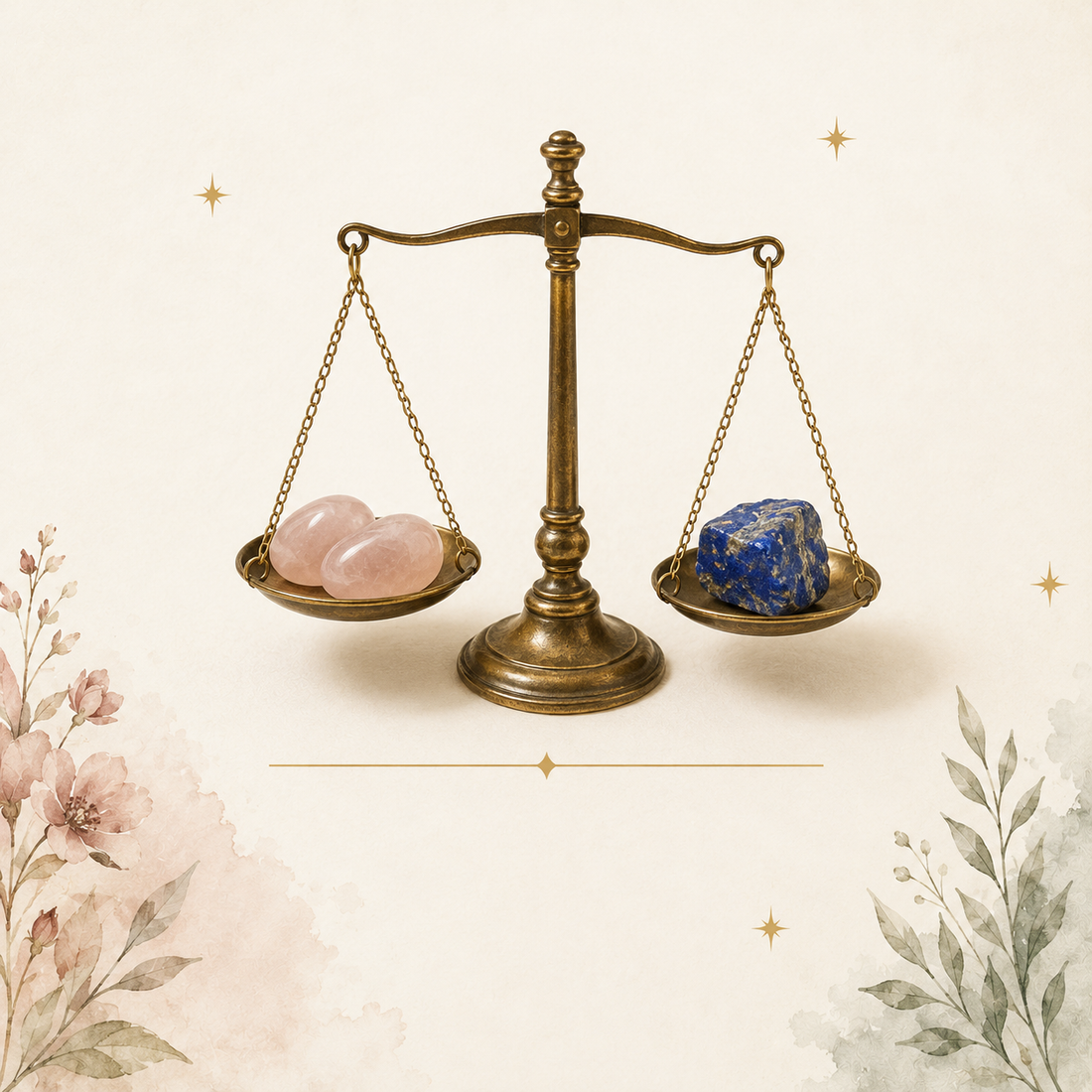 Brass balance scale holding lapis lazuli and rose quartz — Libra season crystals for balance and boundaries