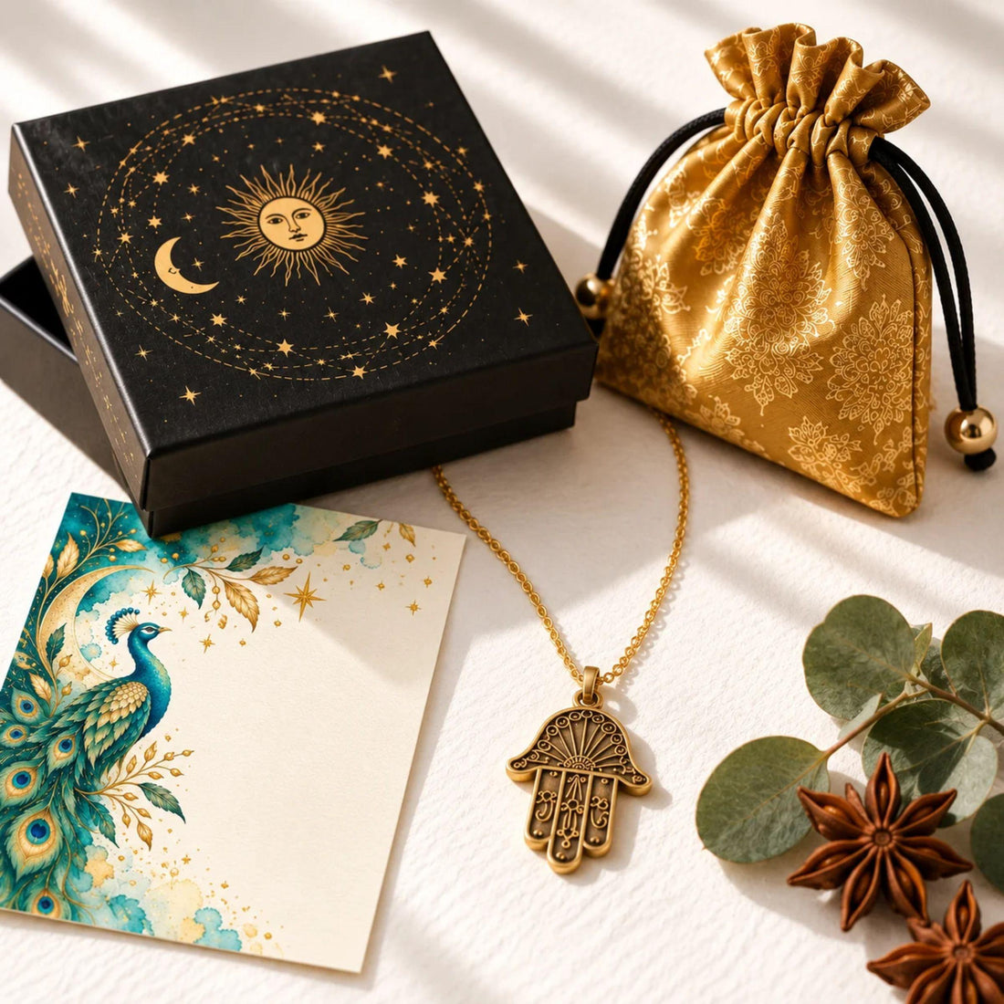 Gold hamsa hand necklace with the Mystic Soul gift bag, celestial box and handwritten art card, cover for meaningful gifts under $75