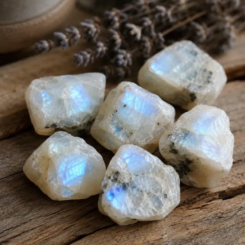 Moonstone jewelry with soft blue adularescence, styled for a guide to moonstone meaning