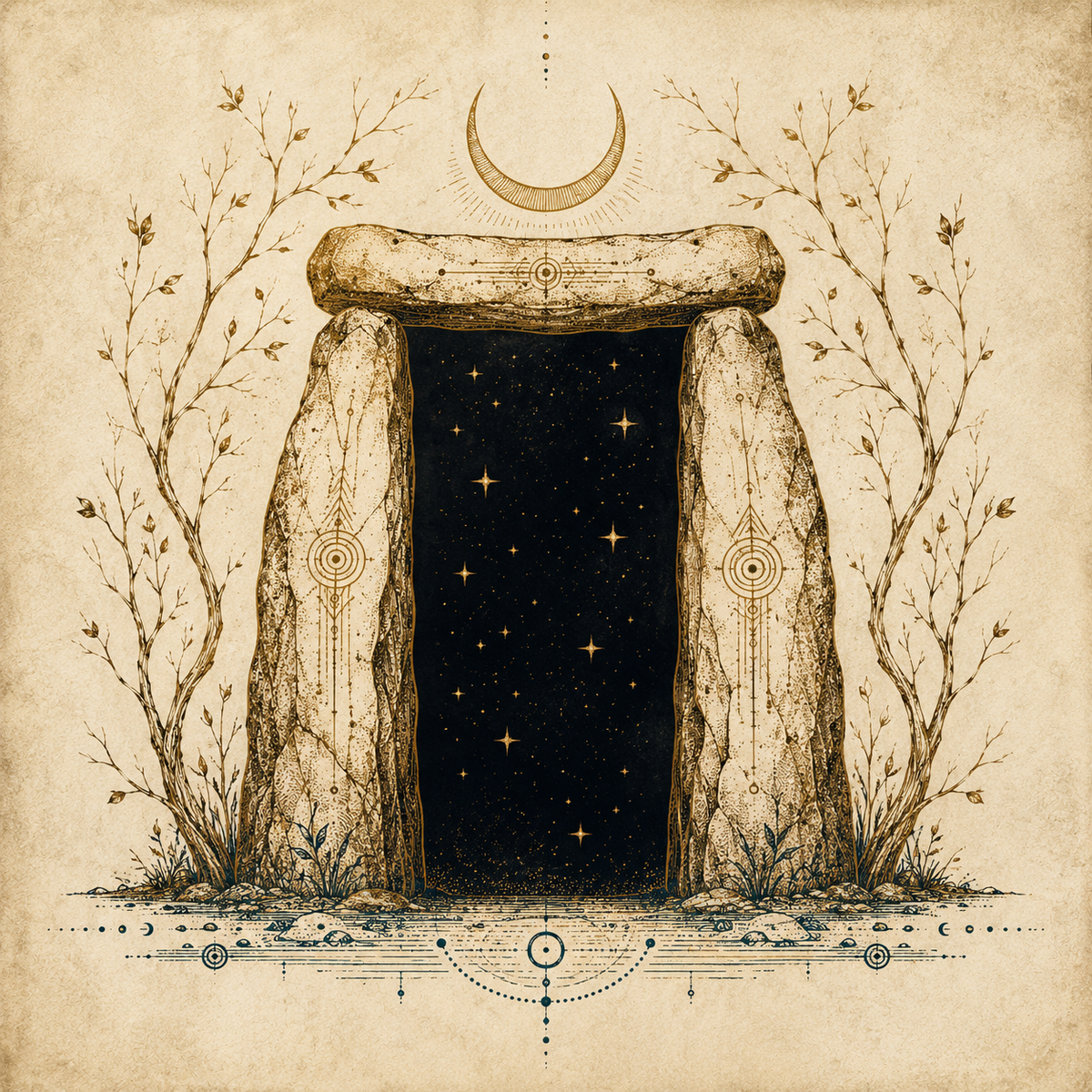 Illustrated stone portal doorway with a gold crescent moon and starlit darkness — Samhain thin veil protection stones guide — Mystic Soul Jewelry