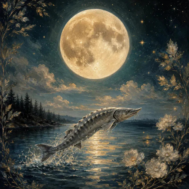 A full moon rising over a calm lake at dusk, representing the Sturgeon Moon of August 2026