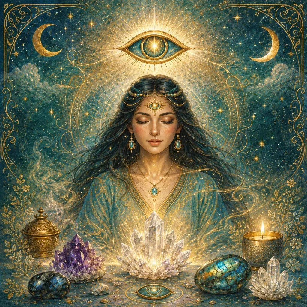 Woman with a third eye symbol between her brows — Ajna chakra jewelry and intuition practice