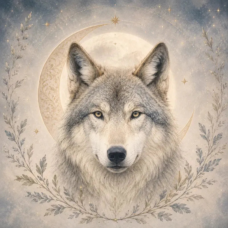 Wolf spirit animal jewelry — wolf and crescent moon pendant necklace for loyalty, instinct and boundaries