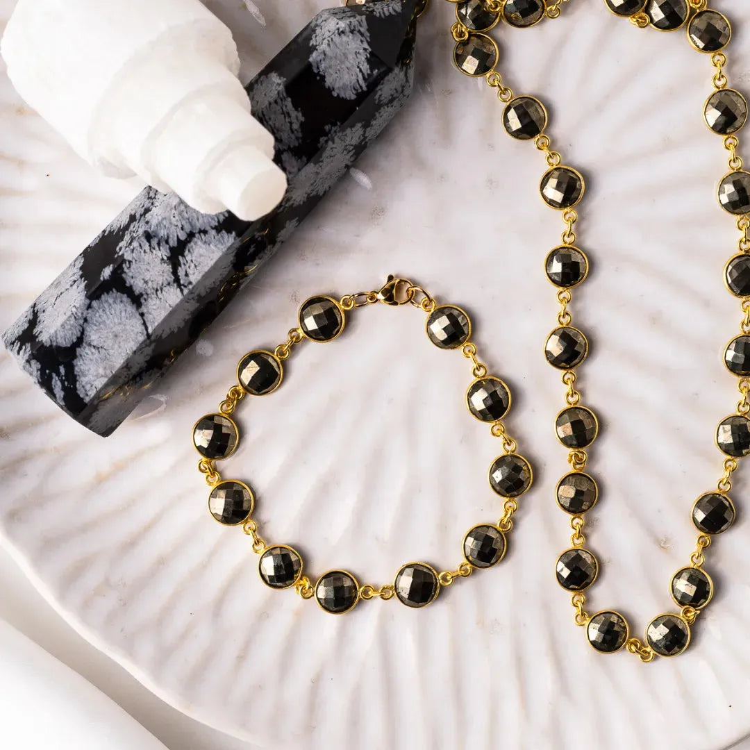 Pyrite and gold gemstone chain necklace and bracelet