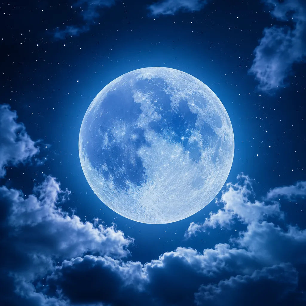 A blue-toned full moon in a clear night sky, for a beginner-friendly blue moon ritual