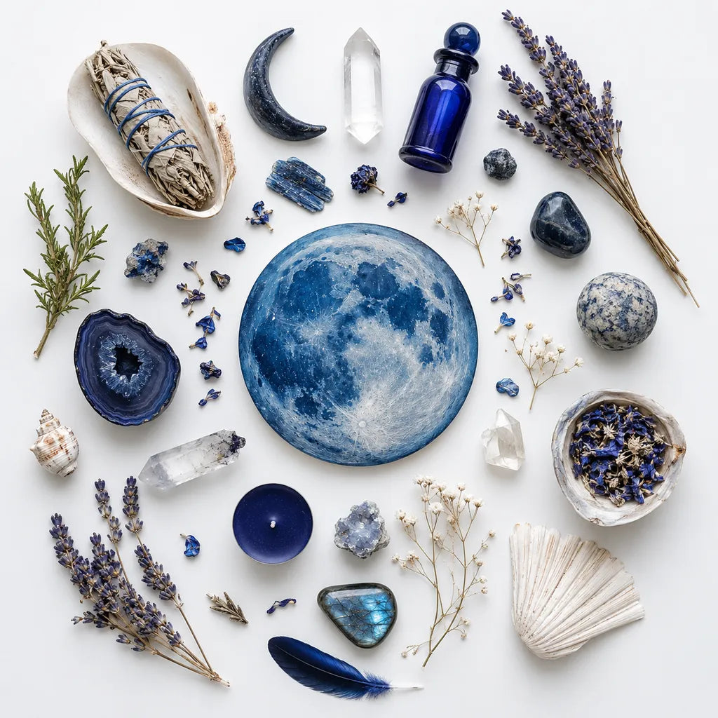 A luminous full Blue Moon in a deep night sky, marking the 2026 Blue Moon