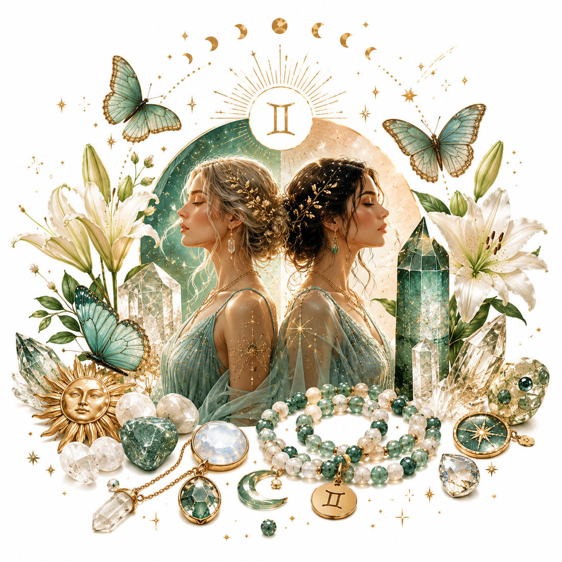 Gemini season 2026 zodiac art with crystal jewelry — twin goddesses with butterflies, emerald and moonstone bracelets and gemini constellation, illustrated guide by Mystic Soul Jewelry