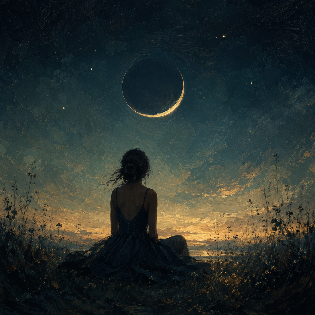 New Moon in Virgo crystal guide — moss agate, amazonite and smoky quartz tumbled stones under a gold crescent moon