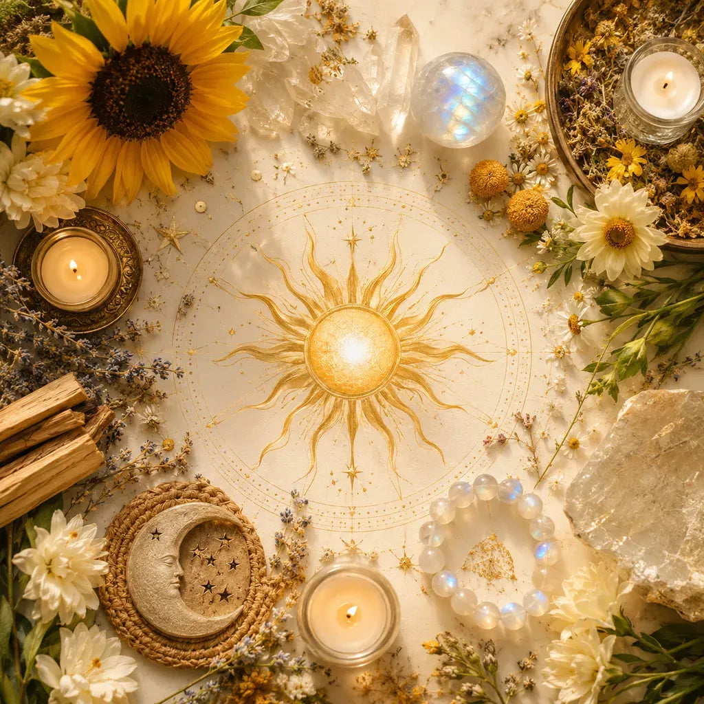 Golden solstice sunlight over a summer landscape, for a summer solstice ritual guide