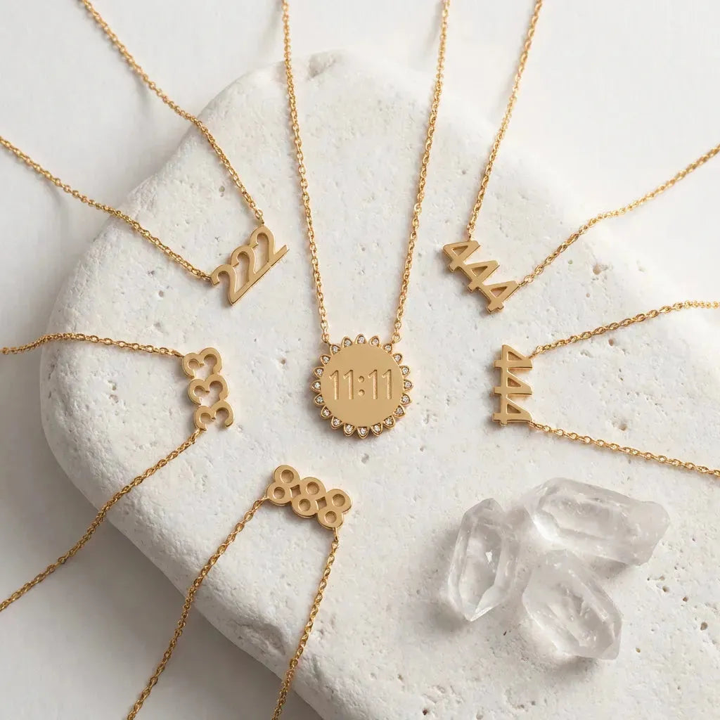 gold angel number pendant necklaces 111 to 1111 — spiritual symbol jewelry for guidance